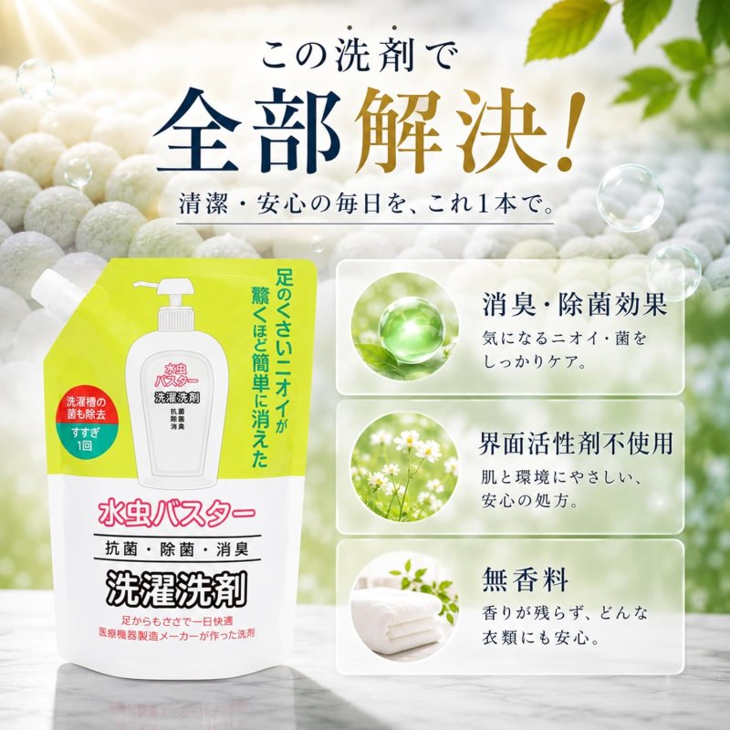 画像5: 【日本製】詰め替え用 水虫バスター 水虫用洗濯洗剤 1リットル（1L) 白癬菌 足のにおい 対策 無香料 自然に優しい洗剤 詰め替え用 におい  (5)